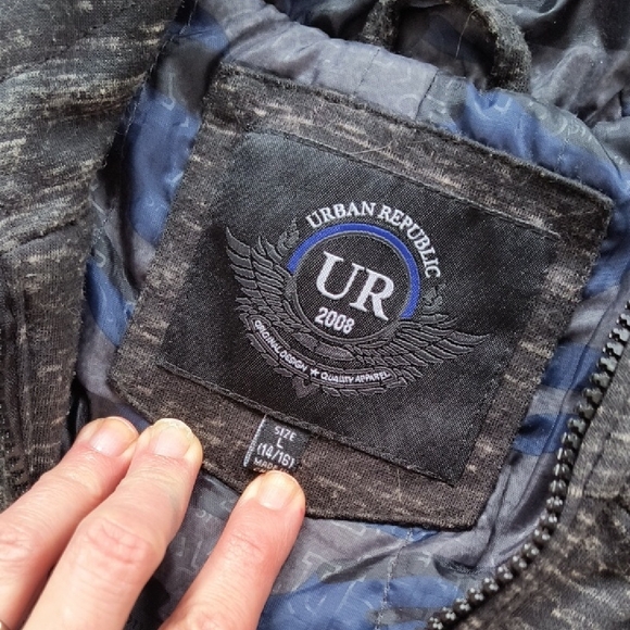 Kids Urban Republic Black and Gray Hooded Bomber Jacket - Picture 3 of 10